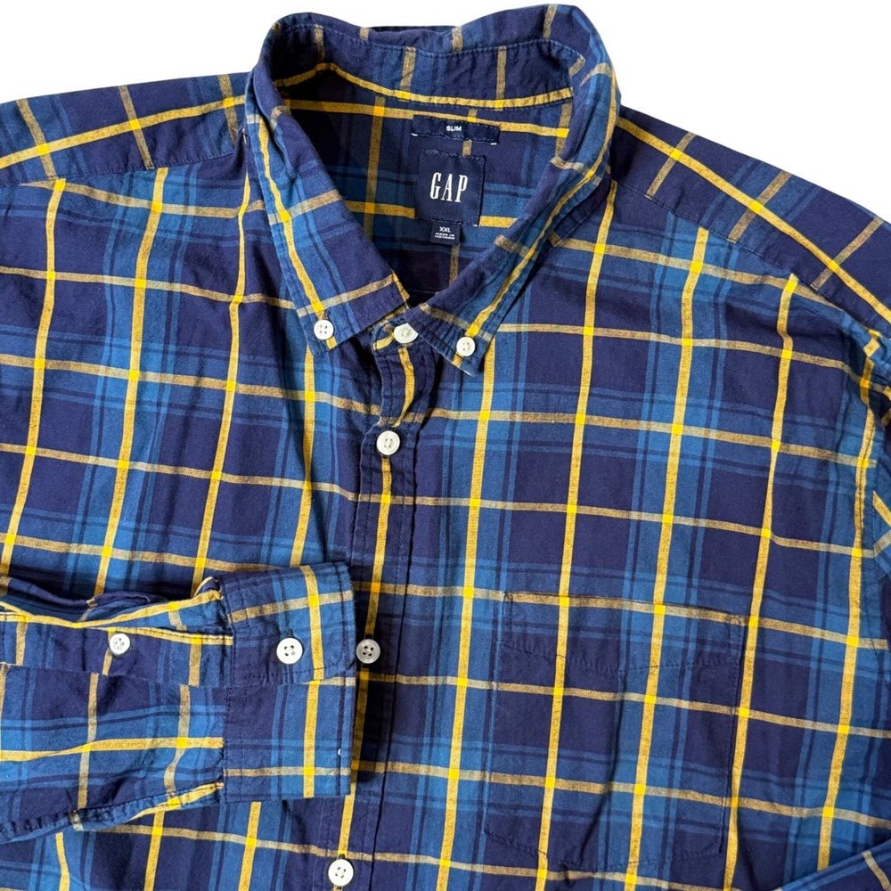 Gap Mens Slim Fit Windowpane Plaid Shirt XXL Academia Preppy Striped Button